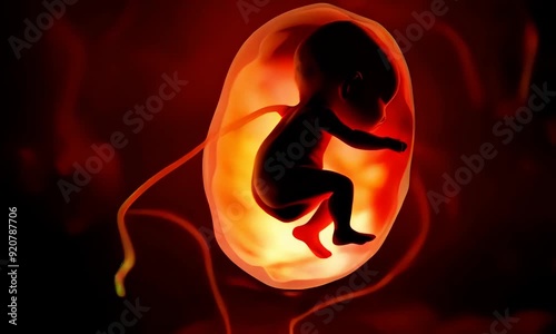 Animated pregnant woman with fetus inside her belly baby developing in womb, life creation, fetus development photo