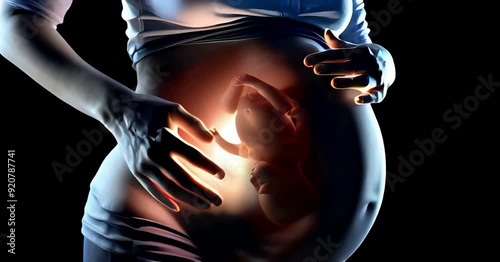 Close up of pregnant woman belly with small baby inside symbolizing motherhood fetus, new life, expecting mother with baby, pregnancy journey photo