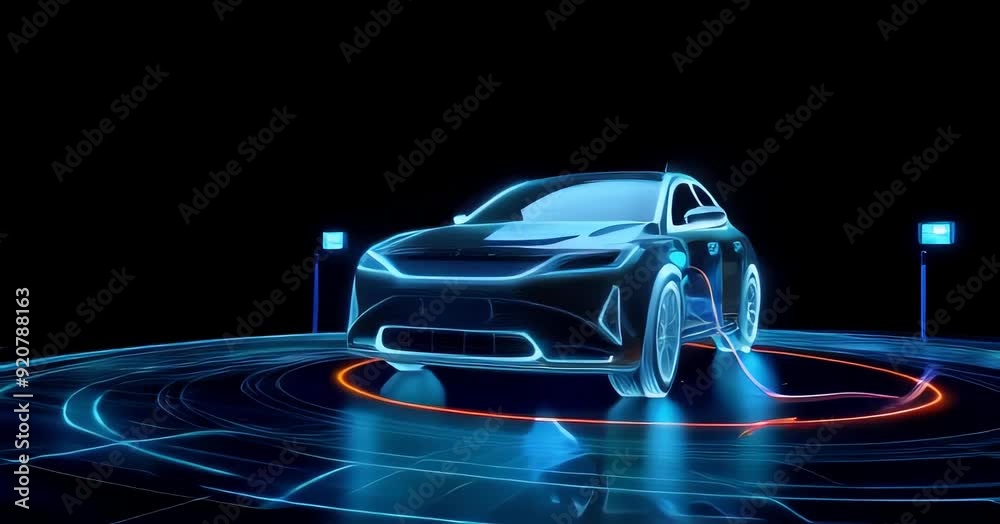 Digital holographic electric vehicle charging on dark background showing electric vehicle concept, futuristic technology, modern transport