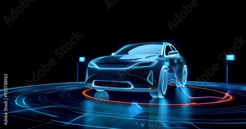 Digital holographic electric vehicle charging on dark background showing electric vehicle concept, futuristic technology, modern transport