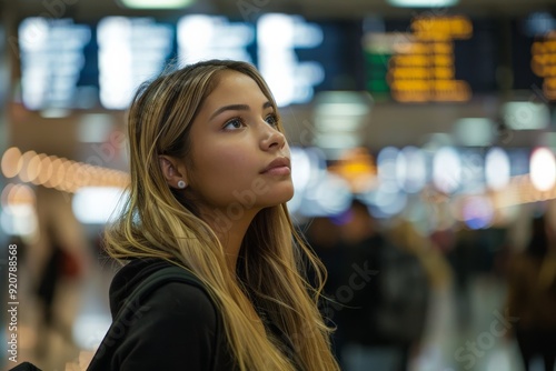 A young woman with long hair looks up thoughtfully amidst a busy airport terminal, filled with people and digital departure boards in the background.