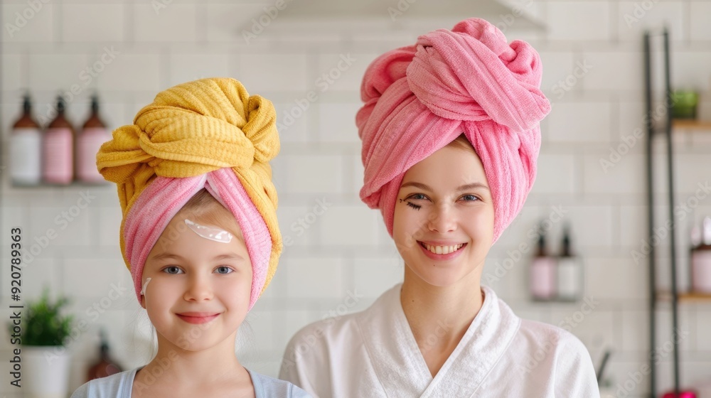 Mother and Daughter Bonding Over Beauty Routine at Home Vibrant Turban Headwraps Makeup Application and Haircare Amid Cozy Bathroom Setting Mother and Daughter Bonding Over Beauty Routine at Home Vibrant Turban Headwraps Makeup Application and Haircare Amid Cozy Bathroom Setting