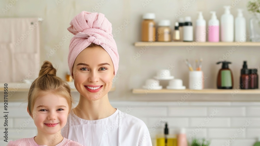 A mother and her young daughter are sharing a heartwarming moment as they do their hair and apply makeup together in the cozy well appointed bathroom of their home The scene radiates a sense of joy A mother and her young daughter are sharing a heartwarming moment as they do their hair and apply makeup together in the cozy well appointed bathroom of their home The scene radiates a sense of joy