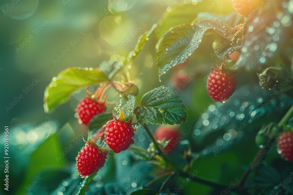 Close-up of fresh, juicy raspberries with morning dew and sunlight. Close-up of fresh, juicy raspberries with morning dew and sunlight.