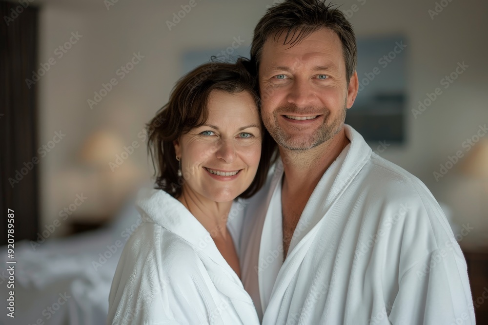 A middle-aged couple, smiling warmly, stands close together in white robes within a cozy home environment, capturing a genuine moment of happiness and intimacy. A middle-aged couple, smiling warmly, stands close together in white robes within a cozy home environment, capturing a genuine moment of happiness and intimacy.