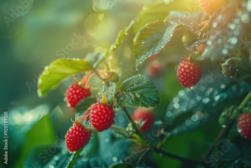 Close-up of fresh, juicy raspberries with morning dew and sunlight.