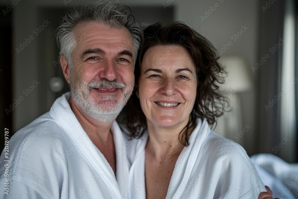 An older couple in white bathrobes is seen warmly hugging and smiling at the camera in a bright room, reflecting their deep affection and happiness in each other's company. An older couple in white bathrobes is seen warmly hugging and smiling at the camera in a bright room, reflecting their deep affection and happiness in each other's company.