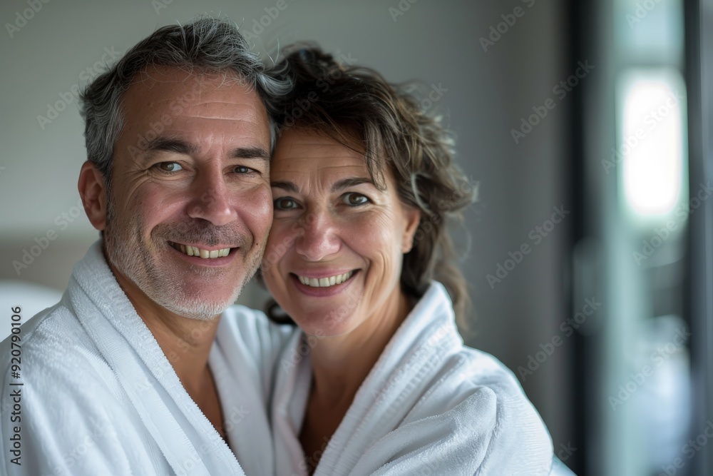A happy middle-aged couple wearing white bathrobes is smiling warmly at the camera while embracing each other in a cozy, well-lit room, capturing a moment of togetherness. A happy middle-aged couple wearing white bathrobes is smiling warmly at the camera while embracing each other in a cozy, well-lit room, capturing a moment of togetherness.