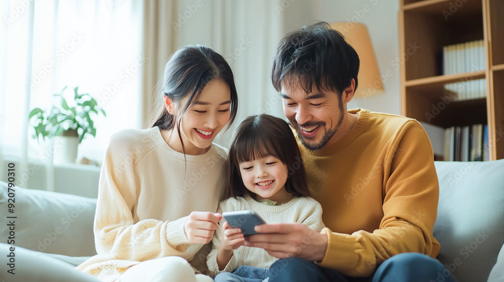 リビングでスマホを笑顔で見る家族