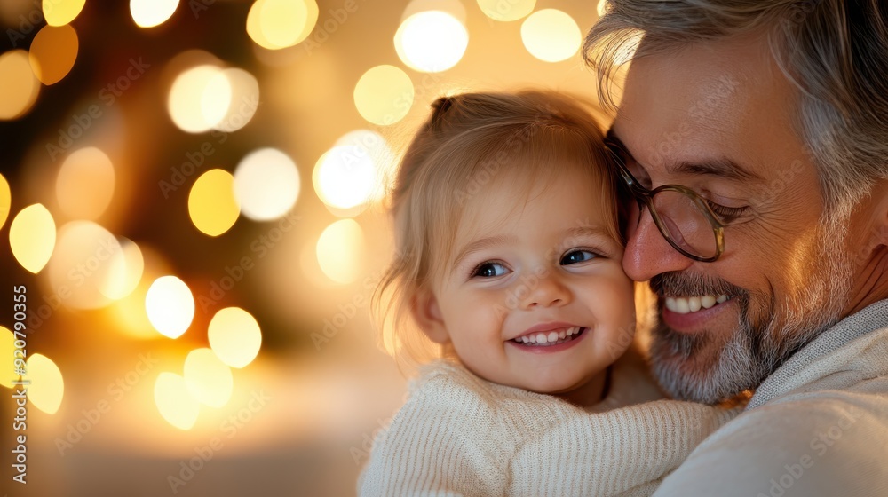 A delighted grandfather, with glasses and a beard, shares a joyful embrace with his smiling grandchild. The background is filled with warm bokeh lights adding a festive touch. A delighted grandfather, with glasses and a beard, shares a joyful embrace with his smiling grandchild. The background is filled with warm bokeh lights adding a festive touch.