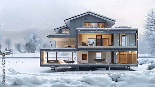 Wallpaper Mural A cutaway view of a modern home with layers of advanced insulation materials, showing a stark contrast between the warmth inside and the cold, snowy environment outside Torontodigital.ca