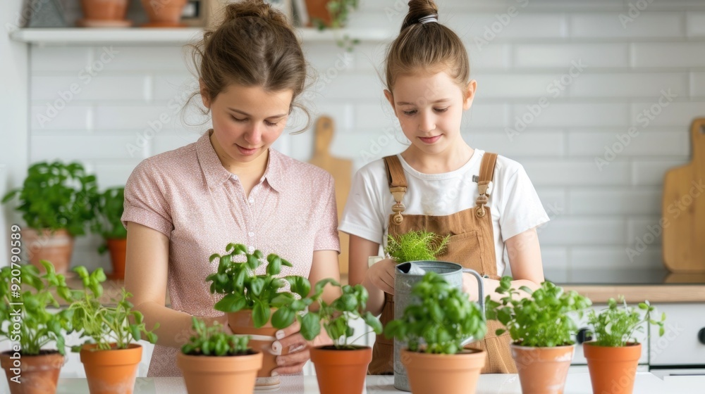 Two female family members a mother and daughter caring for and watering various house plants placed on a kitchen table or counter The plants are potted in ceramic or wooden containers Two female family members a mother and daughter caring for and watering various house plants placed on a kitchen table or counter The plants are potted in ceramic or wooden containers