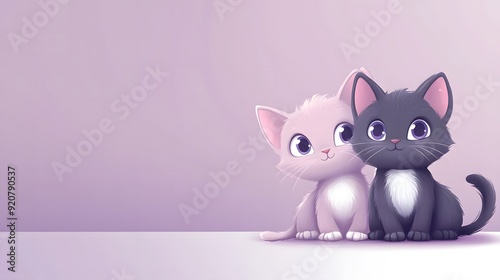 Two adorable cartoon cats sitting side by side on a white surface against a light purple background. Template for quotes, and greetings cards.