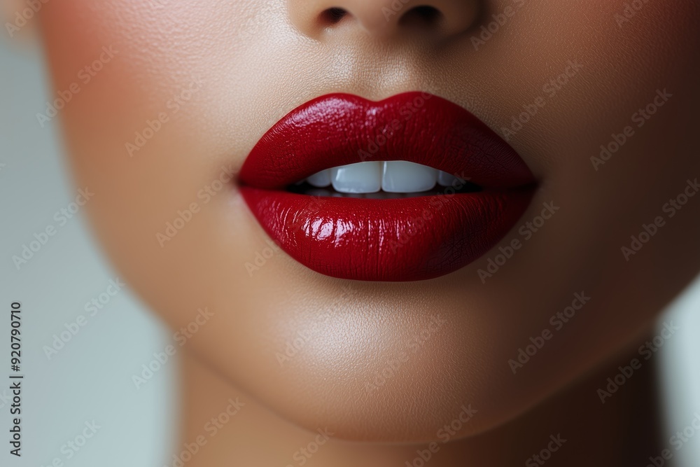 Close-up image of glossy red lips showcasing vibrant makeup and smooth, flawless skin. Close-up image of glossy red lips showcasing vibrant makeup and smooth, flawless skin.