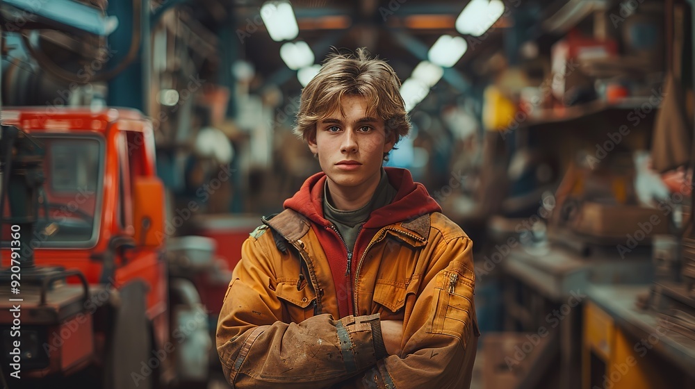 A young man in a yellow jacket stands in front of a red truck A young man in a yellow jacket stands in front of a red truck