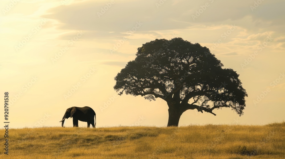Fototapeta premium elephant silhouette and big tree in field