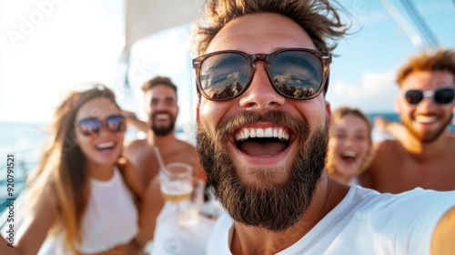 A group of friends enjoying time on a boat as a man holding a beer takes a selfie, all of them smiling and having a great time under sunny weather on the water.