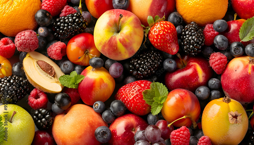 Different ripe fruits and berries as background, top view Different ripe fruits and berries as background, top view