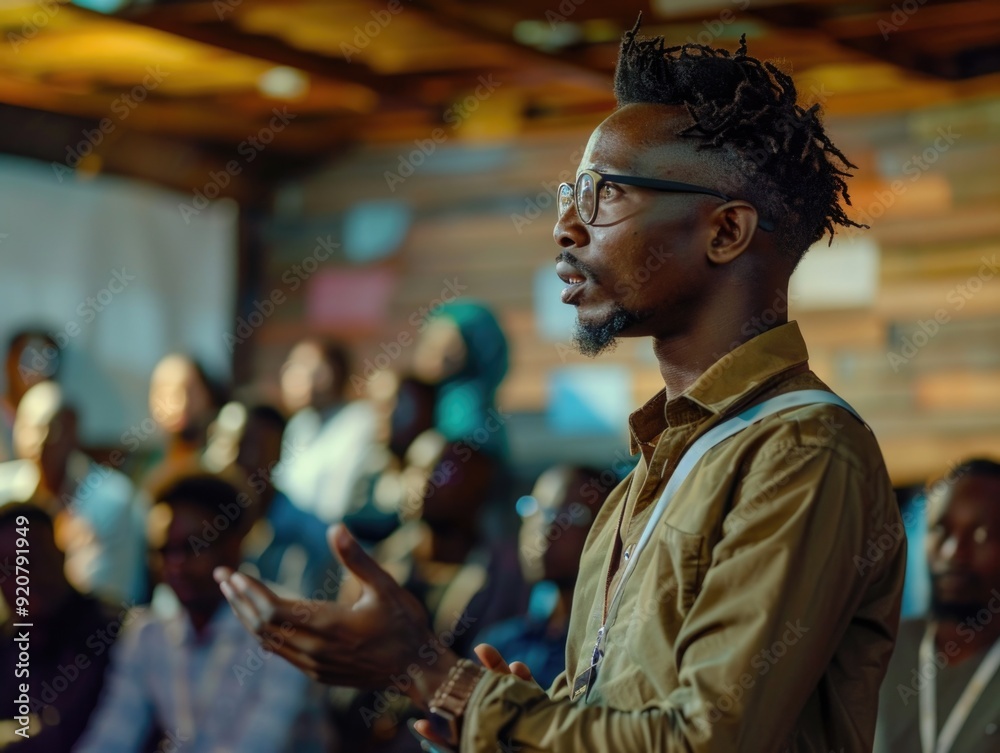 The man is giving a lecture or seminar to an audience. The man is giving a lecture or seminar to an audience.
