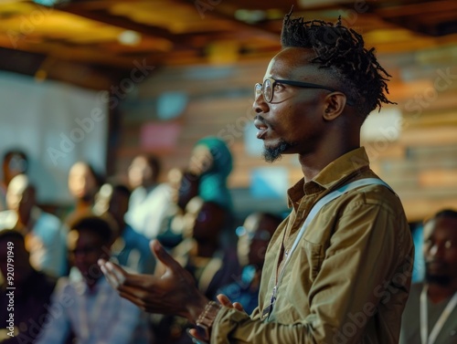 The man is giving a lecture or seminar to an audience.