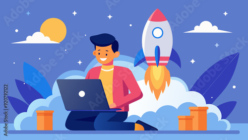 Solo entrepreneur working alone or startup owner, founder or entrepreneur, independent developer, freelancer concept, businessman entrepreneur launching company rocket