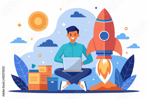 Solo entrepreneur working alone or startup owner, founder or entrepreneur, independent developer, freelancer concept, businessman entrepreneur launching company rocket