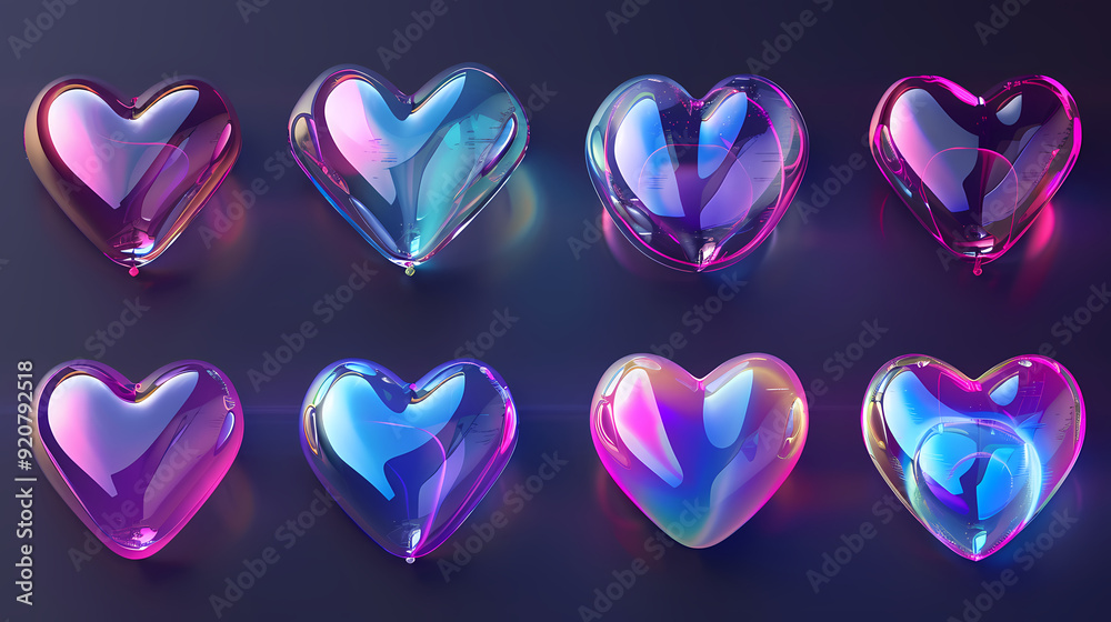 3d holographic hearts set isolated on dark background 3d holographic hearts set isolated on dark background