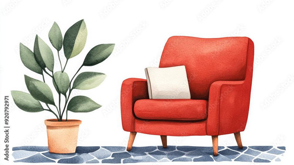 A cozy reading corner with a red armchair and an autumn quilt watercolour illustration A cozy reading corner with a red armchair and an autumn quilt watercolour illustration