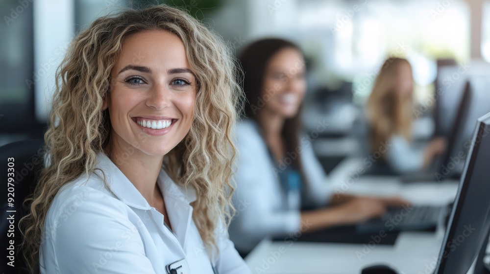 A friendly female doctor in a white coat, smiling at the camera; colleagues in the background are working on computers, highlighting a bustling, professional healthcare environment. A friendly female doctor in a white coat, smiling at the camera; colleagues in the background are working on computers, highlighting a bustling, professional healthcare environment.