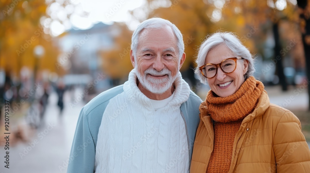 A happy senior couple smiles at the camera while enjoying a walk outdoors on a beautiful autumn day, highlighting their joyful togetherness and the vibrant fall season. A happy senior couple smiles at the camera while enjoying a walk outdoors on a beautiful autumn day, highlighting their joyful togetherness and the vibrant fall season.