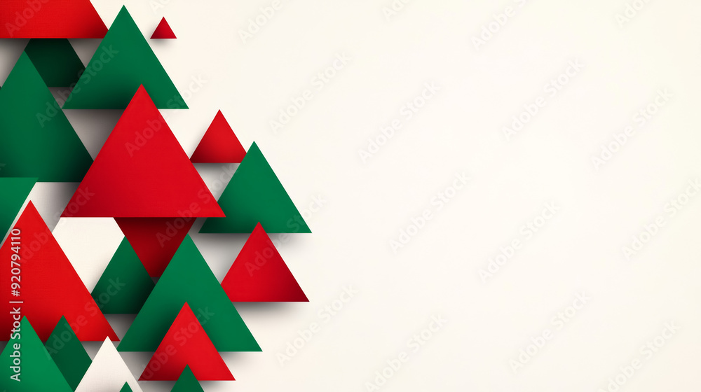 Abstract background with interlocking red and green triangles on a white gradient with a subtle festive shimmer Abstract background with interlocking red and green triangles on a white gradient with a subtle festive shimmer
