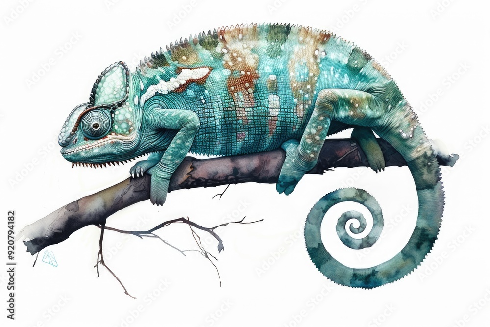 Obraz premium A vibrant blue chameleon perched on a tree branch, showcasing intricate details and color gradations.