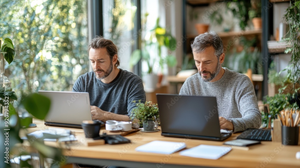 Two men concentrate on their laptops in a bright, plant-filled workspace, creating a productive and serene environment that combines technology and nature for optimal focus. Two men concentrate on their laptops in a bright, plant-filled workspace, creating a productive and serene environment that combines technology and nature for optimal focus.