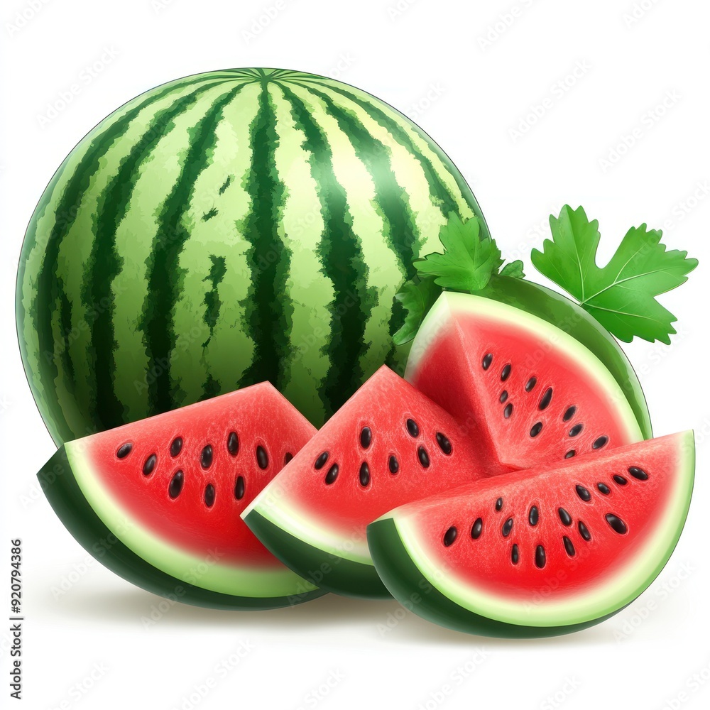 Whole watermelon and slices with leaf isolated on white background. Whole watermelon and slices with leaf isolated on white background.