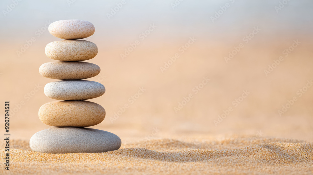 Closeup of smooth stones stacked in balance on a sandy surface zen like background for meditation and relaxation calming focus Closeup of smooth stones stacked in balance on a sandy surface zen like background for meditation and relaxation calming focus
