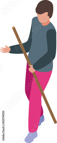 Young man is practicing nordic walking, he is holding sticks and exercising