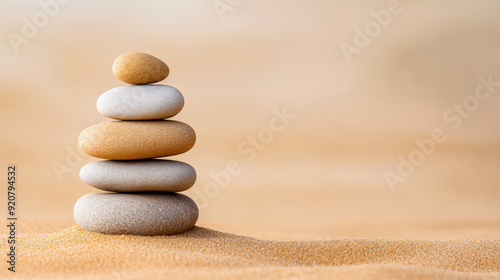 Closeup of smooth stones stacked in balance on a sandy surface zen like background for meditation and relaxation calming focus 