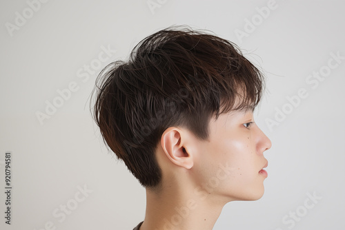 side profile of young asian man with stylish short hair against light background