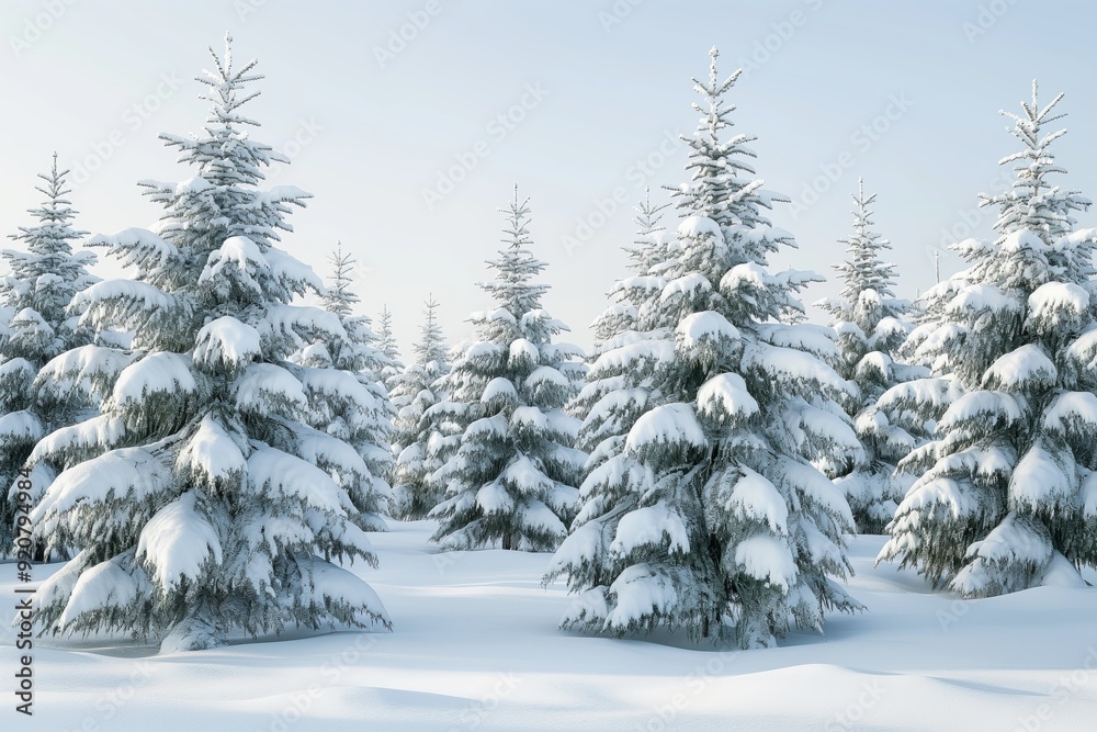 Snow-Covered Pine Trees in a Pristine Winter Forest, Highlighting the Tranquility and Beauty of a Frosty Landscape Under a Clear Blue Sky Snow-Covered Pine Trees in a Pristine Winter Forest, Highlighting the Tranquility and Beauty of a Frosty Landscape Under a Clear Blue Sky