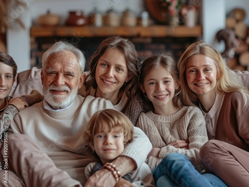 A happy family of seven sitting on a couch, smiling for the camera.