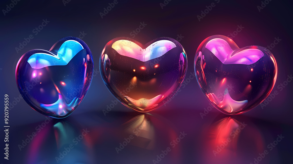 3d holographic hearts set isolated on dark background 3d holographic hearts set isolated on dark background