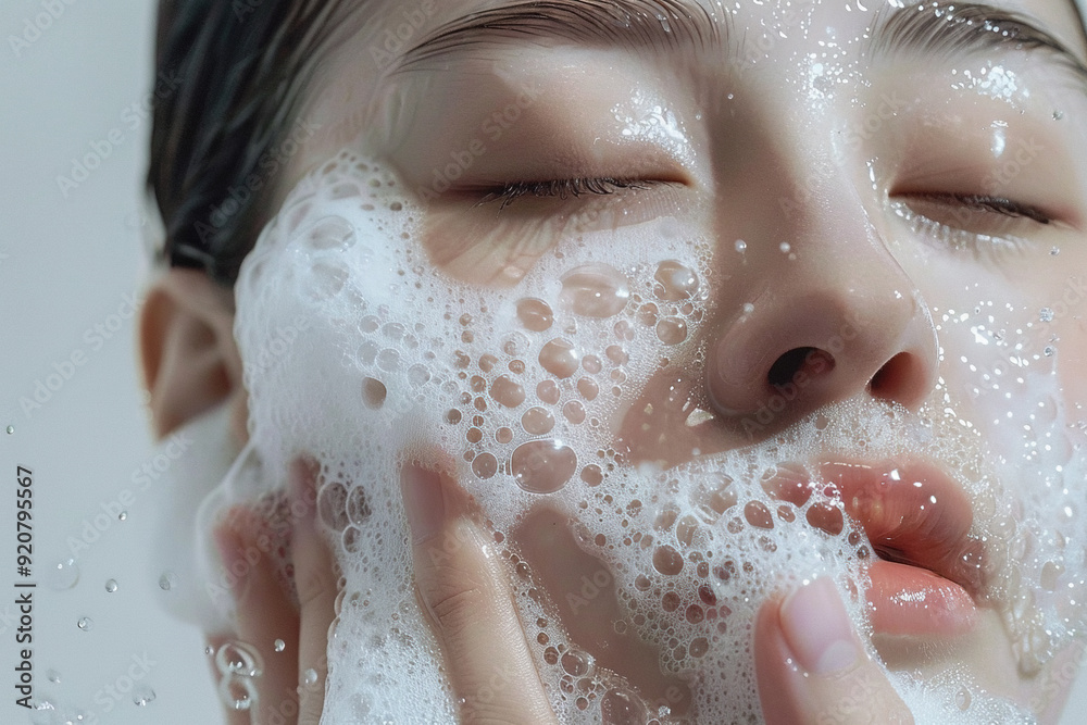 Fototapeta premium Portrait of beautiful natural Asian woman with foamy cleanser on her face