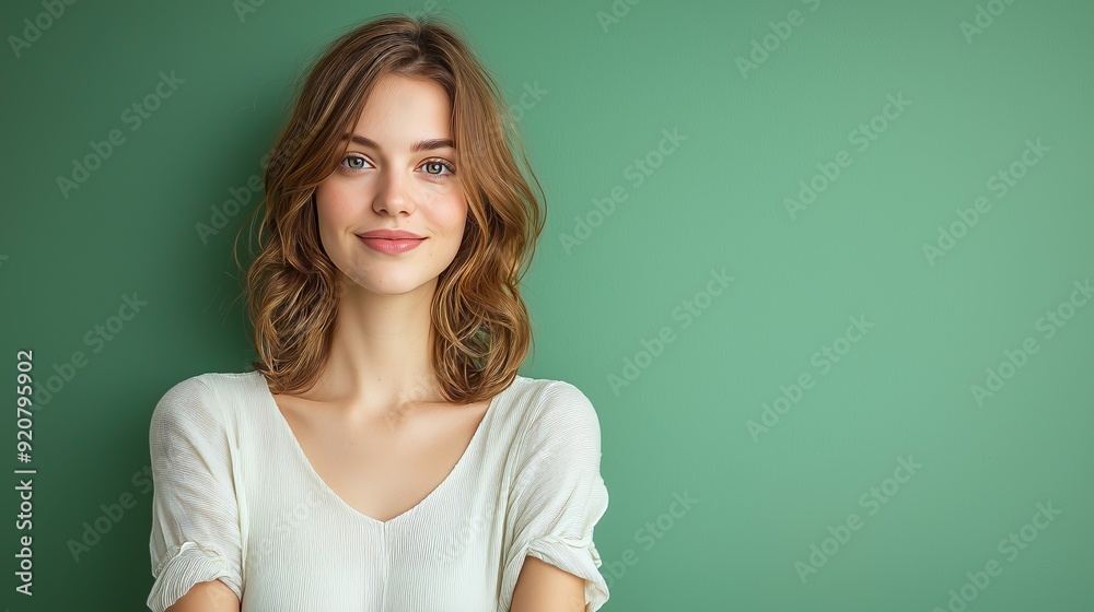 Fototapeta premium A young woman with a warm smile, standing in front of a green background, wearing a white top.