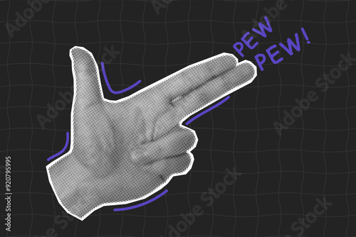 Halftone collage paper cut out, hand gesture in the shape of a gun. Doodle purple neon lettering pew on a dark background.