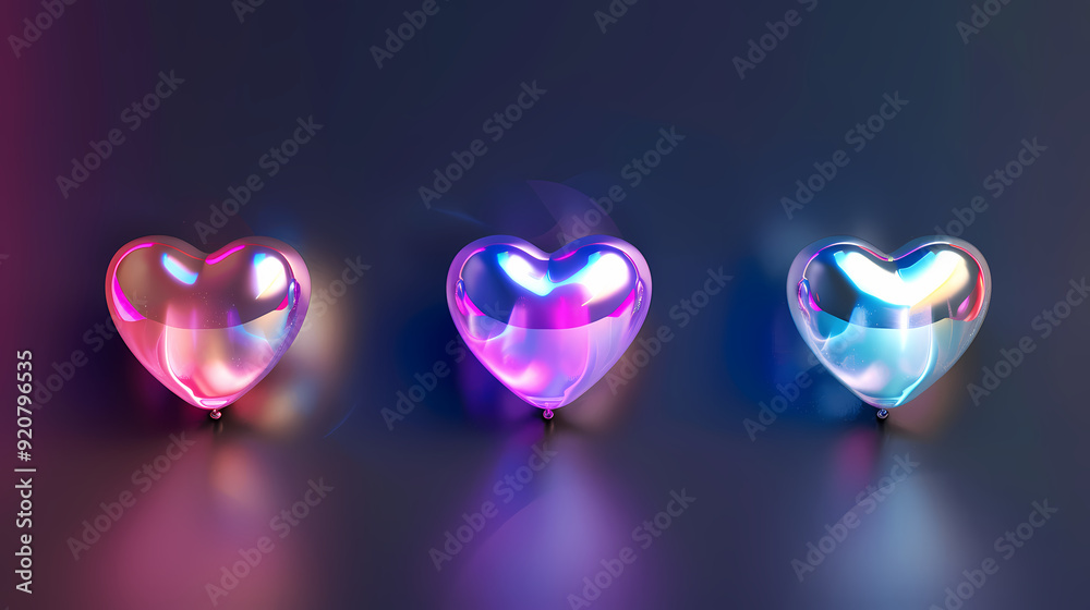 3d holographic hearts set isolated on dark background 3d holographic hearts set isolated on dark background