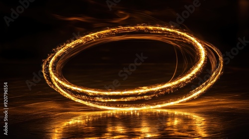 A glowing golden circle of light is created by a spinning light source. The circle is reflected on the dark surface below.