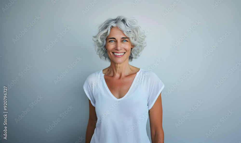 Smiling elderly woman with curly gray hair and bright blue eyes, standing confidently in a white top against a plain background, radiating warmth and joy Smiling elderly woman with curly gray hair and bright blue eyes, standing confidently in a white top against a plain background, radiating warmth and joy