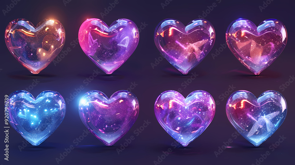 3d holographic hearts set isolated on dark background 3d holographic hearts set isolated on dark background