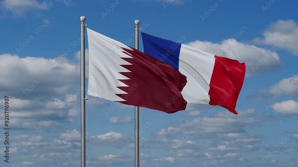 France and Qatar flags waving together, video concept of the relationship, two country relations concept France and Qatar flags waving together, video concept of the relationship, two country relations concept