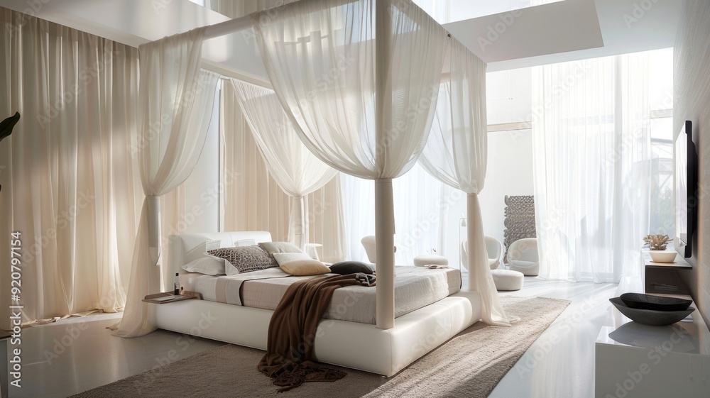 romantic bedroom setting with a canopy bed that has sheer, flowing drapes mimicking a circus tent, romantic bedroom setting with a canopy bed that has sheer, flowing drapes mimicking a circus tent,